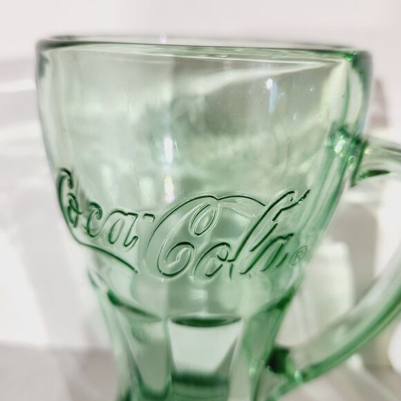Libbey Coca Cola Mug Drinking Glass Handle Green Glass Vtg Embossed Design Retro - Picture 3 of 12